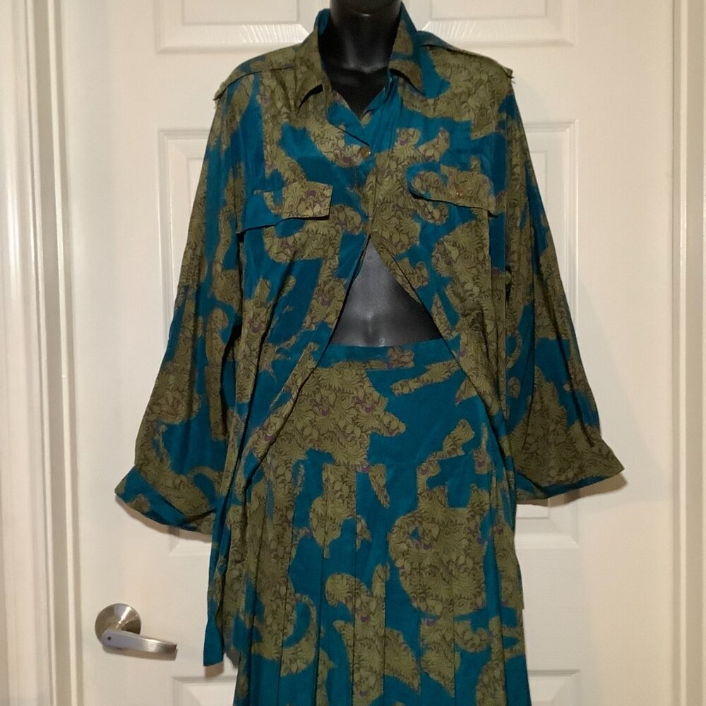 Givenchy Teal and Olive Green Printed Skirt Set